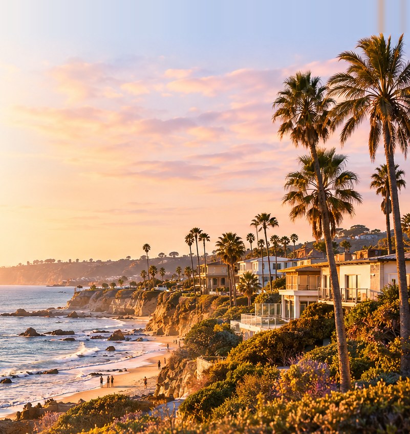 San Diego coastline at sunset with palm trees and homes above the beach